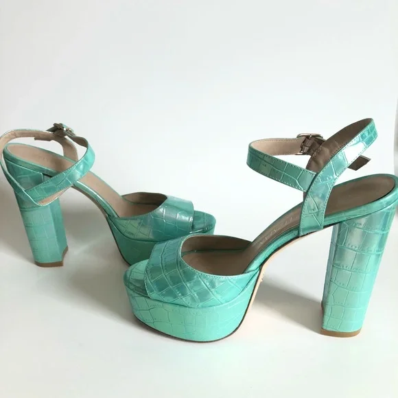 Green Capri Ice Iridescent Soft Crocodile Embossed Platform Heel Block Sandals - Picture 4 of 17